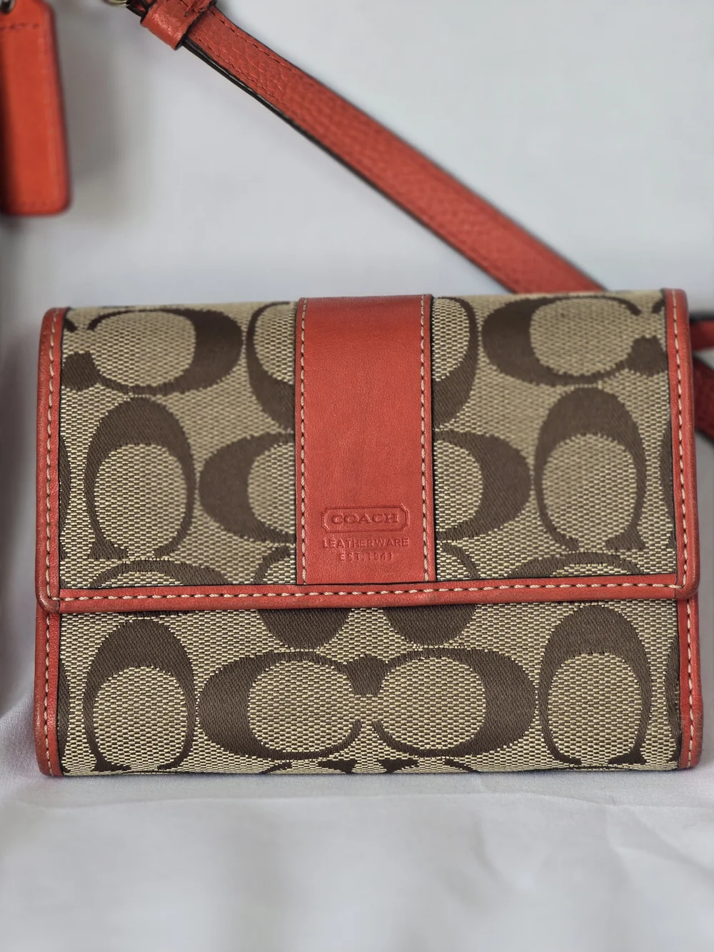 Coach Brown Signature Canvas Crossbody with Coral Trim and Matching Wallet
